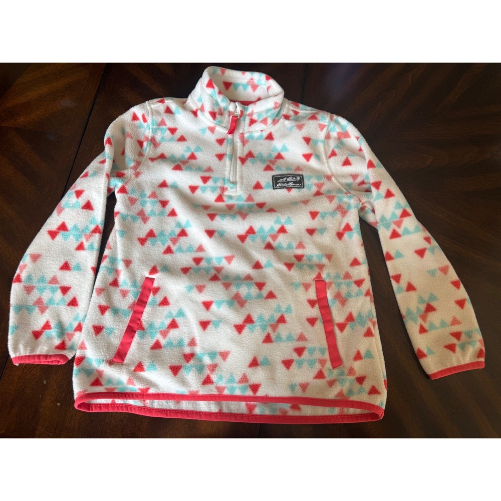 Eddie Bauer Kids 1/4 Fleece Zip Pullover Small 7/8 Off White Geometric Cozy Warm